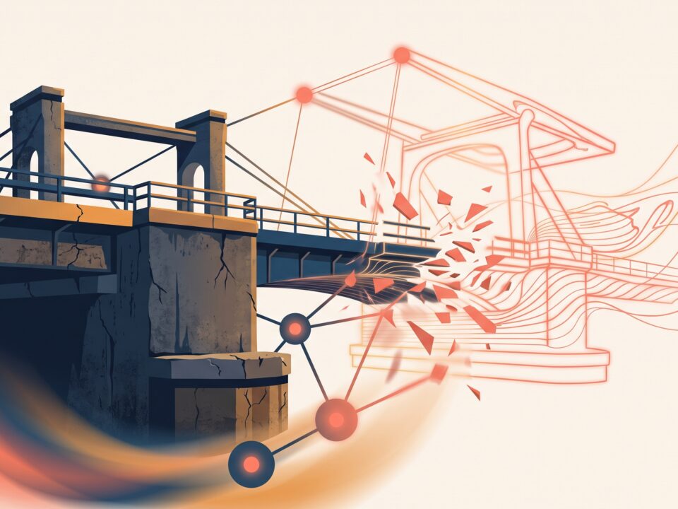 Beweegbare brug die verandert in een netwerk, symbool voor kritieke infrastructuur en bewust gepland falen