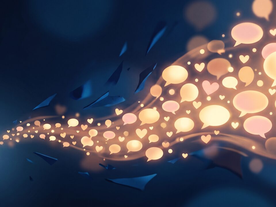 A silhouette sits on a ledge with a phone while a stream of warmly glowing speech bubbles and hearts flows toward them and dark shards drift away